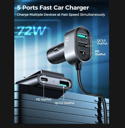 72w 5-port fast car charger Usb C- Charge for i.phone Samsung google pixel and android phone